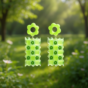 Pendientes Colgantes Florales a Cuadros Verdes Angelina, de Resina Acrílica, Joyería de Moda para Mujer, Estilo Moderno - Product Image 2