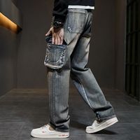 Celana Jeans Denim Longgar Ukuran Besar Multi Kantong Berkualitas Tinggi Khusus Pria, Model Baggy Fit