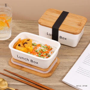 Custom Ceramic Lunch <b>Box</b> Square White <b>With</b> <b>Wooden</b> <b>Lid</b> For Food Storage Household Use - Product Image 1