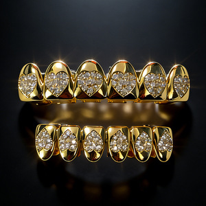Grillz double pièce en forme de cœur, plaqué or et argent, avec zircone, unisexe, pour usage quotidien, style Hip Hop, ornements dentaires - Product Image 2