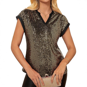 Haut à manches courtes à col en V pour femmes, orné de paillettes, couleur unie, polyester, tenue de soirée, or, blanc, noir, argent, bleu - Product Image 4