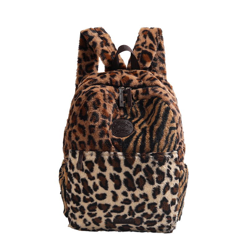brown leopard print faux fur mini backpack Faux Fur Leopard Print Patchwork Backpack for Women New Plush Large  Capacity Student Backpack for Boys Girls Students Schoolbag