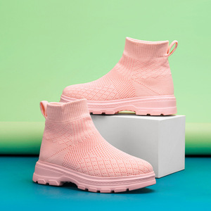 Bottes chaussettes pour enfants, style Martin, à bout rond, talon plat, empeigne en maille respirante, semelle extérieure en EVA, couleur unie - Product Image 1