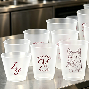8oz Personalized Frosted Stadium Cups for Wedding Reception Favors Elegant Reusable Plastic Drinkware With Custom Names and <b>Date</b> - Product Image 1