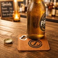 Décapsuleur en cuir avec logo personnalisé gravé au laser, dessous de verre carré, tapis de boisson, vente en gros pour promotion de bars et restaurants