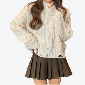 <span class=keywords><strong>Pull</strong></span> décontracté en polyester tricoté torsadé avec dentelle, col roulé <span class=keywords><strong>oversize</strong></span>, manches longues, respirant et anti-plis, style automne européen et américain - Product Image 1