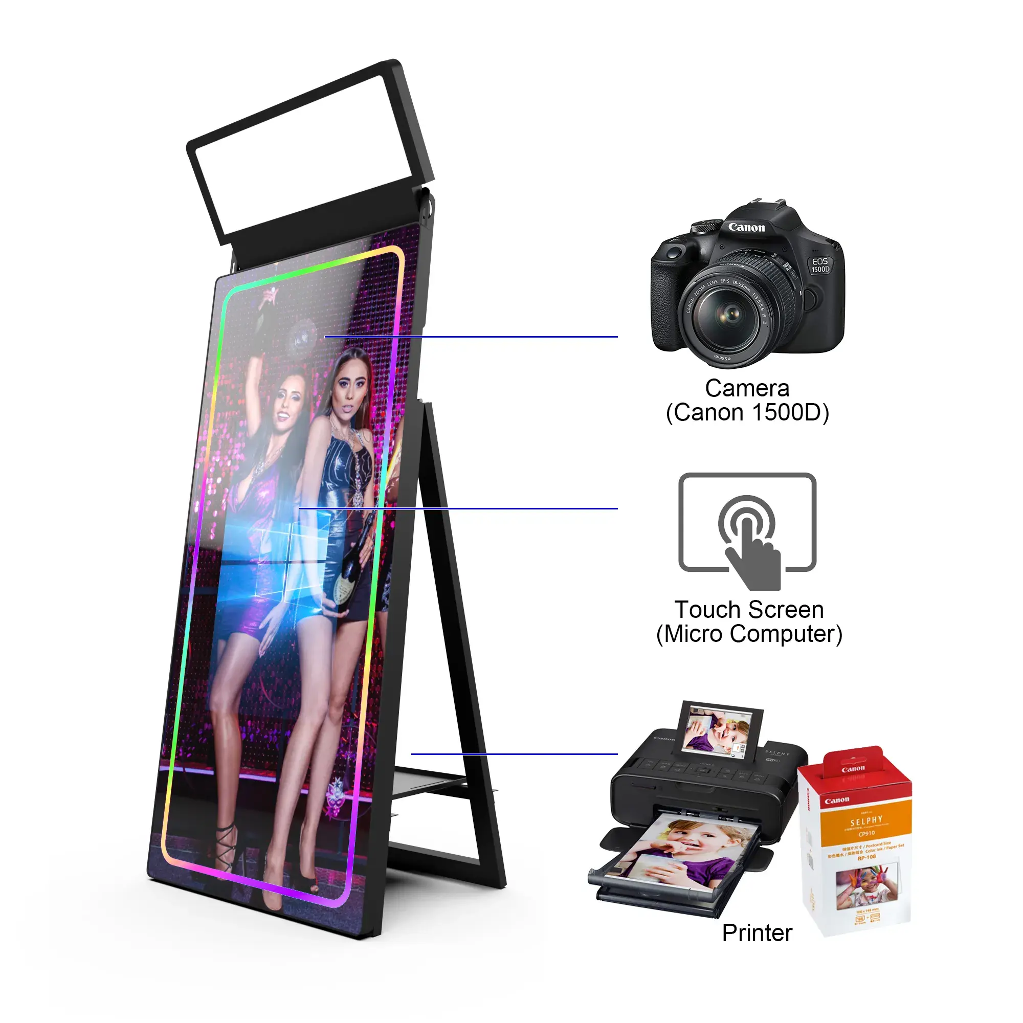 Selfie Magic Mirror Vogue Reality Wedding Photo Booth Kiosk with LED Frame and Printer Compatible with Cameras and Smartphones