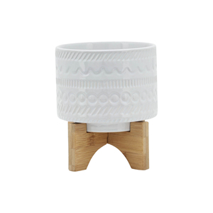 Fioriera in ceramica goffrata con supporto in legno, piccola e rialzata, per decorazioni domestiche, vasi da fiori, tavolo, ingresso, giardino - Product Image 1