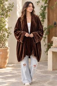 PRABHAVA Women's Brown Velvet Viscose/Polyester Collarless Long Kimono <b>Cardigan</b> Loose Fit <b>Midi</b> Length Casual Winter Outerwear - Product Image 2