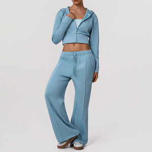 Ensemble de yoga FH Solid personnalisé avec fermeture éclair et cordon de serrage, pantalon taille haute à jambes larges, deux pièces, coupe ample, respirant, extensible dans quatre directions, vêtements de sport - Product Image 2
