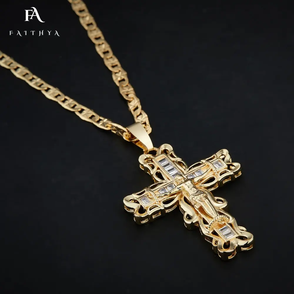 FP1048-collar de joyería religiosa de aleación de cobre, colgante de Cruz chapado en oro y plata de 14k para el bautismo