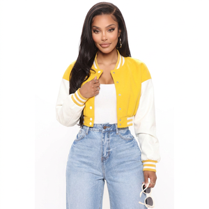 Blouson court color block pour femme, jaune et blanc, avec poignets côtelés, veste décontractée boutonnée style baseball en cuir - Product Image 1