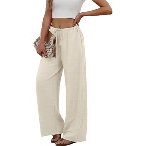 FOXA Women's Linen Palazzo Pants Wide Leg <b>Flowy</b> Beach Trousers Off White With Pockets Breathable Summer Wear - Product Image 4