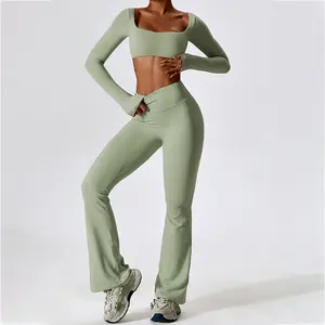Benutzer definierte Logo Frauen Fitness-Sets Hohl Sexy Rücken Lange Ärmel Hohe Taille Push Up Leggings Nahtloses Workout-Set