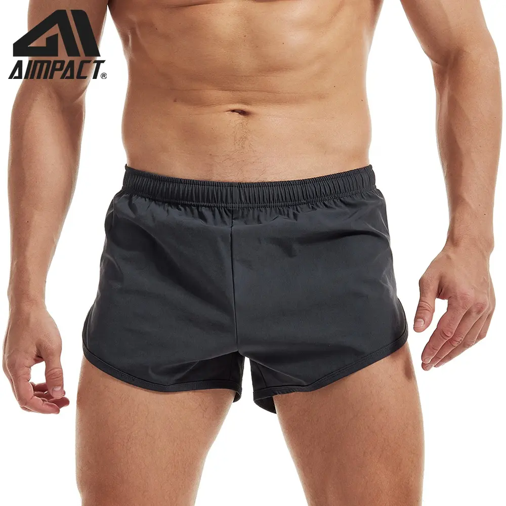 AIMPACT กางเกงขาสั้นวิ่งสีพื้นสำหรับผู้ชาย,กางเกงวิ่งบนลู่วิ่งขนาด3นิ้วพร้อมกระเป๋าและกางเกงชั้นในผู้ชาย