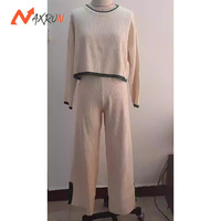 Ensemble Tailleur Pantalon Décontracté pour Femmes à Panneaux, Fente Latérale, Taille Haute, Manches Longues et Haut Court Deux Pièces
