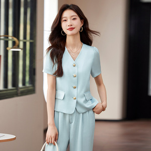 Women's Pink Suit Set Short Sleeve Satin Two Piece Elegant Summer Breathable Pants Set - Product Image 3