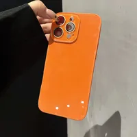 Coque de téléphone couleur unie brillante orange pour iPhone 17 16 15 14 Plus 13 Pro Max avec dos en verre trempé rigide