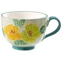 Tasse à petit-déjeuner vintage en céramique peinte à la main et embossée, grande capacité, pour thé, lait, flocons d'avoine, pour le bureau et la maison