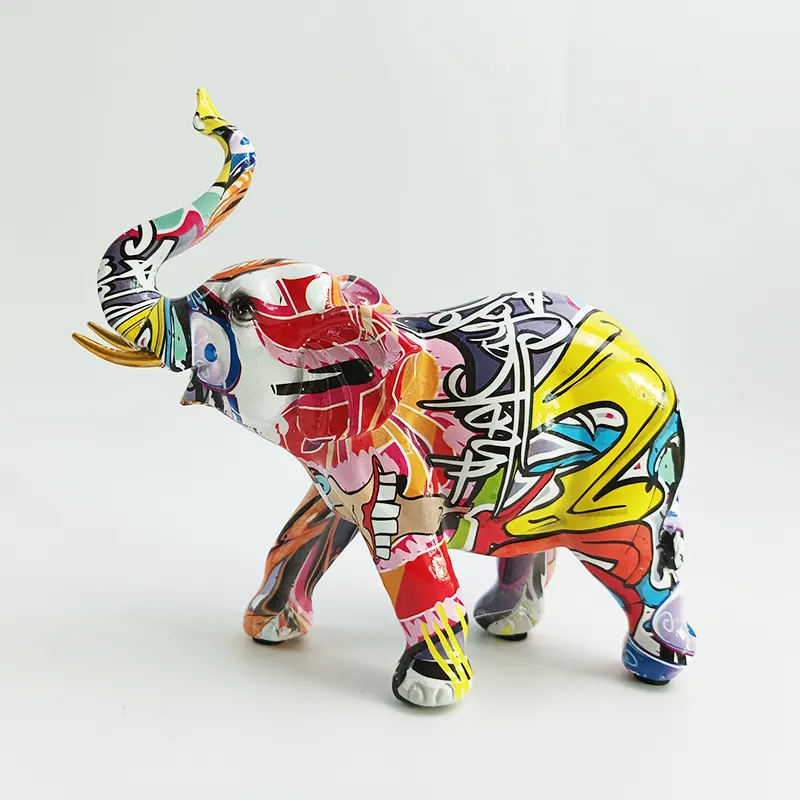 Bunte Elefanten statue Harz Handwerk Tier Innen tisch Tischplatte Skulptur Home Decor 24cm Glück Graffiti Elefant Ornament