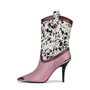Botas de tacón medio de estilo occidental para mujer, botines rosas con punta de metal, zapatos de cuero vaquero - Product Image 3