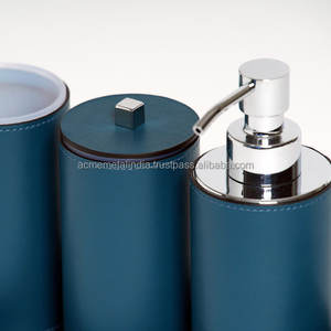Best Quality Bathroom Set Blue Leather <b>Cover</b> Stainless Steel Silver Polished Chrome Plated Luxury Design Designer Set of 5 - Product Image 2
