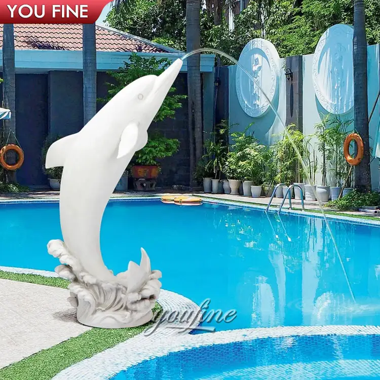 Escultura de fuente de delfín de mármol blanco, para piscina