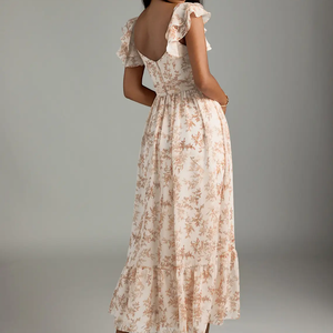 Vestido Largo Formal de Fiesta y Boda Personalizable con Cuello Cuadrado y Mangas con Volantes de Chifón Floral Elegante al por Mayor - Product Image 2