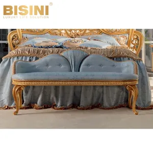 Bel Set di camere da letto palazzo reale in stile francese nuovo lusso realizzato a mano in tessuto blu camera da letto sgabello in legno intagliato panca di stoccaggio