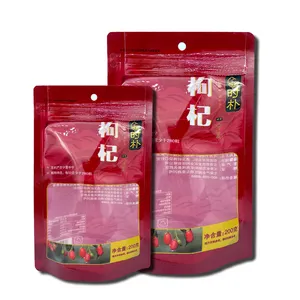 Custom printed goji packaging clear window red stand up pouch bag with hanging hole
