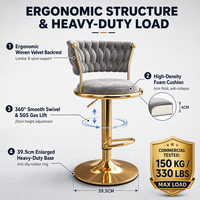 Tabouret de bar de luxe moderne pour hôtel, avec hauteur réglable, rotation pivotante, structure métallique durable, siège en velours et similicuir PU