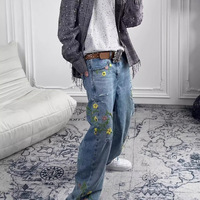 Jeans pour hommes avec broderie florale, streetwear vintage, déchirés, coupe ample, jeans droits, pantalon en denim