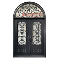 Puerta de Entrada Doble de Hierro Forjado con Arco Moderno de Primera Calidad, Diseño de Espiral Hecho a Mano, Puerta Exterior Metálica para Villa