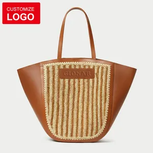Fashion Natural Brown Rattan Tote Italian Leather Winged Tote Bag Women Large Genuine Leather Straw Crochet Hand Bag Ladies