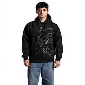 Sudadera con Capucha Negra para Hombre, Estampado de Tigre en Relieve, Tejido Informal, Corte Regular, para Otoño - Product Image 5