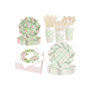 Ensemble de vaisselle sur le thème de la rose verte DAMAI pour fête du thé, anniversaire d'enfants, printemps, assiettes en papier, gobelets, serviettes, ensemble floral à carreaux verts - Product Image 1