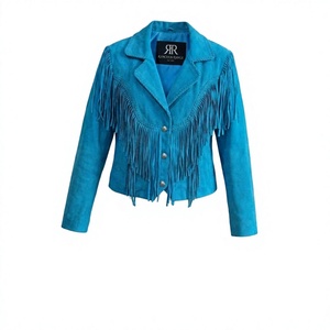 Chaqueta Deportiva Nabtay para Mujer, de Gamuza Turquesa con Flecos, Transpirable, Casual, Estilo Motociclista, Manga Larga, Corte Corto, Cuello Camisero - Product Image 1
