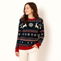 Pull de Noël personnalisé ODM avec étiquette couleur, pull de Noël assorti pour la famille, pull en tricot jacquard pour filles avec motif renne et flocon de neige