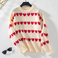 Vente en gros Pull de la Saint-Valentin d'hiver Pull à col rond rayé à manches à revers Love Heart Jacquard Pull pour femme