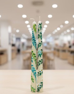 Green Botanical Hand-Painted Soy Wax Taper <b>Candle</b> <b>Set</b> (<b>Set</b> 2) Lavender Scent Smokeless for Home Decor Holiday Special Occasions - Product Image 1
