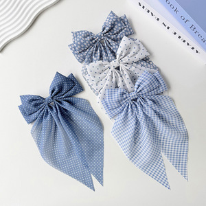 Barrette à cheveux mignonne en mousseline à carreaux floraux avec nœud, motif pois bleus et blancs, ruban long, pour les fêtes et le quotidien - Product Image 5