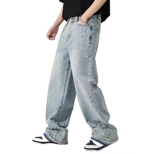 Fabricant chinois de denim personnalisé pour hommes Pantalon en <span class=keywords><strong>jean</strong></span> baggy perlé à l'acide avec jambe large et rivet en métal - Product Image 3