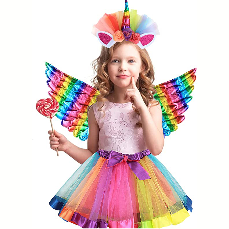 CM027 Mädchen Einhorn Geburtstag Kostüm Netz Einhorn-Kopfband Tutu-Rock und märchenhafter Engelflügel für Mädchen Party Cosplay-Outfits