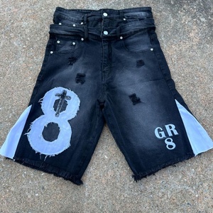 Shorts en jean décontractés Y2K pour homme, avec broderies personnalisées, style vintage délavé à l'acide, déchiré et usé, double taille, streetwear - Product Image 2