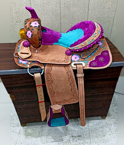 Conjunto de Silla de Montar, Cabezal y Pechopetral de Cuero para Carreras de Barriles, Estilo Western, con Asiento Marrón Turquesa, Diseño Floral Grabado y Pintado, 10"-18", Plástico - Product Image 1