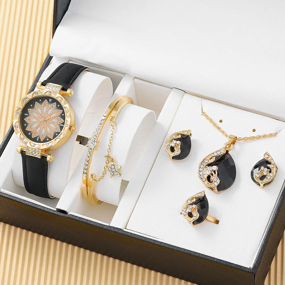 6091 Delicate Ladies 4pcs Jewelry Set Rhinestone Women Watch Set Bracelet Necklace Earring Ring