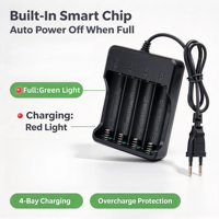 Chargeur de batterie lithium 18650 à quatre emplacements avec câble de charge 4,2 V 1200 mA, transformateur intelligent à démarrage sans tension, certifié CE, pour microphone