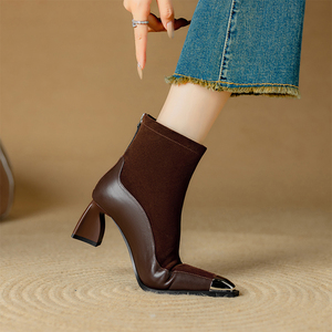 Cattlehide + da cừu Doanh mùa đông gót khởi động thời trang dây kéo mắt cá chân booties sexy mỏng cao gót nhọn ngón chân Nâu - Product Image 5