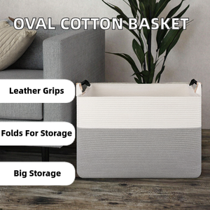 Oval Cotton Rope Foldable <b>Storage</b> <b>Basket</b> Woven Organizer Leather Handles <b>Large</b> Capacity Toy Bathroom Sundries Container Natural - Product Image 2