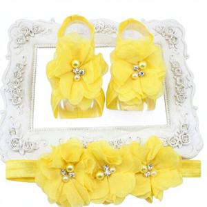 Vente en gros <span class=keywords><strong>Bandeau</strong></span> pour bébé Accessoires pour <span class=keywords><strong>cheveux</strong></span> 3 pcs/set <span class=keywords><strong>Bandeau</strong></span> à fleurs en mousseline Ensemble Sandales pieds nus - Product Image 6